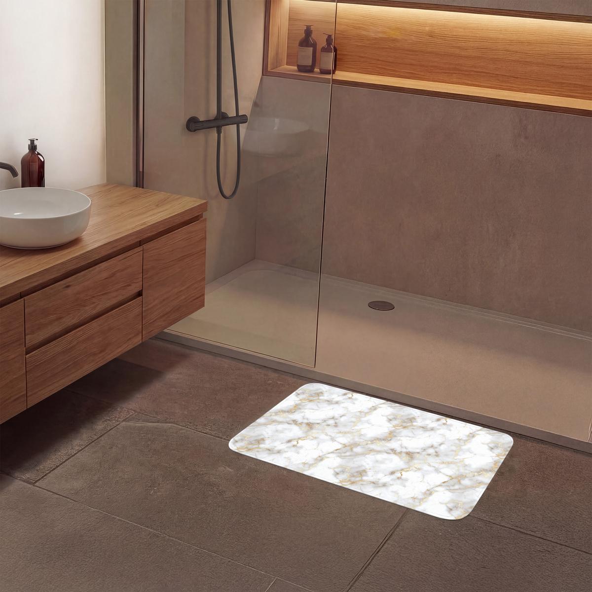 BADEMATTE Goldene Adern - Marmor - Weiß 80x50 cm - Weiß, Textil (80/50cm) - OnlyWow