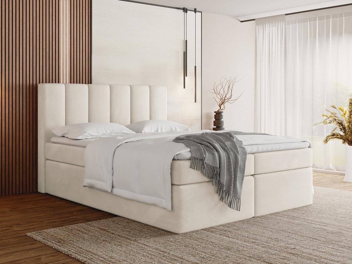 BOXBETT Amira mit Bettkasten, Samt Creme, Beige 180/200 cm – 7-Zonen Taschenfederkern-Matratze & Komfortschaum-Topper - Beige/Creme, Holz/Holzwerkstoff (180/200cm) - WFL GROUP