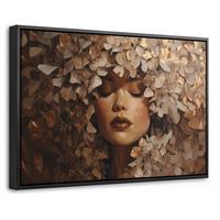 LEINWAND Bilder mit Rahmen - Gesicht - Dame - Blätter - Pinselstriche - 60x40 - Goldfarben, Textil (60/40cm) - MuchoWow