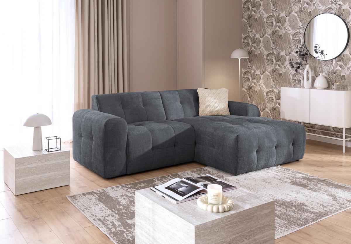 ECKSOFA mit Ottomane rechts, raffinierten Steppungen, Wellenunterfederung, B234/T161/H79 cm, Chenille-Bezug in Grau / 21045 - Schwarz/Grau, Kunststoff/Textil (234/79/161cm) - luma-home