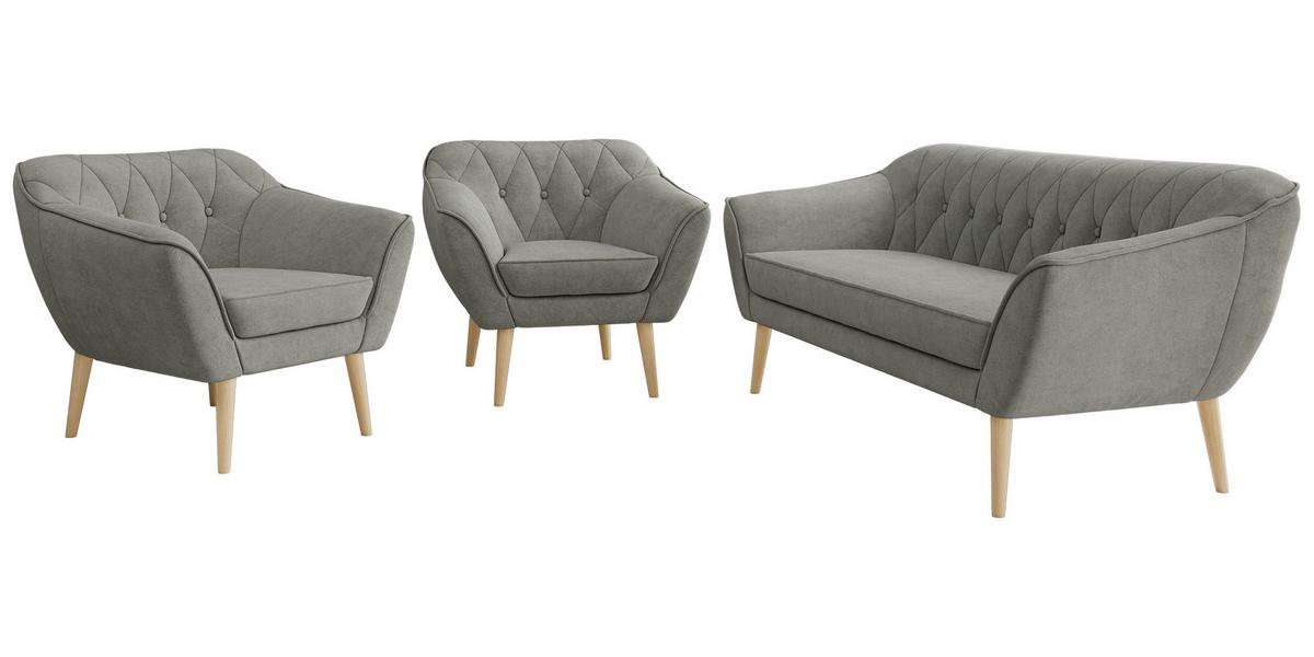 SITZGARNITUR PIRS 3+1+1 - Grau Strukture - Holzbeine - Platinfarben/Buchefarben, Holzwerkstoff/Textil (180/75/74cm) - MKS
