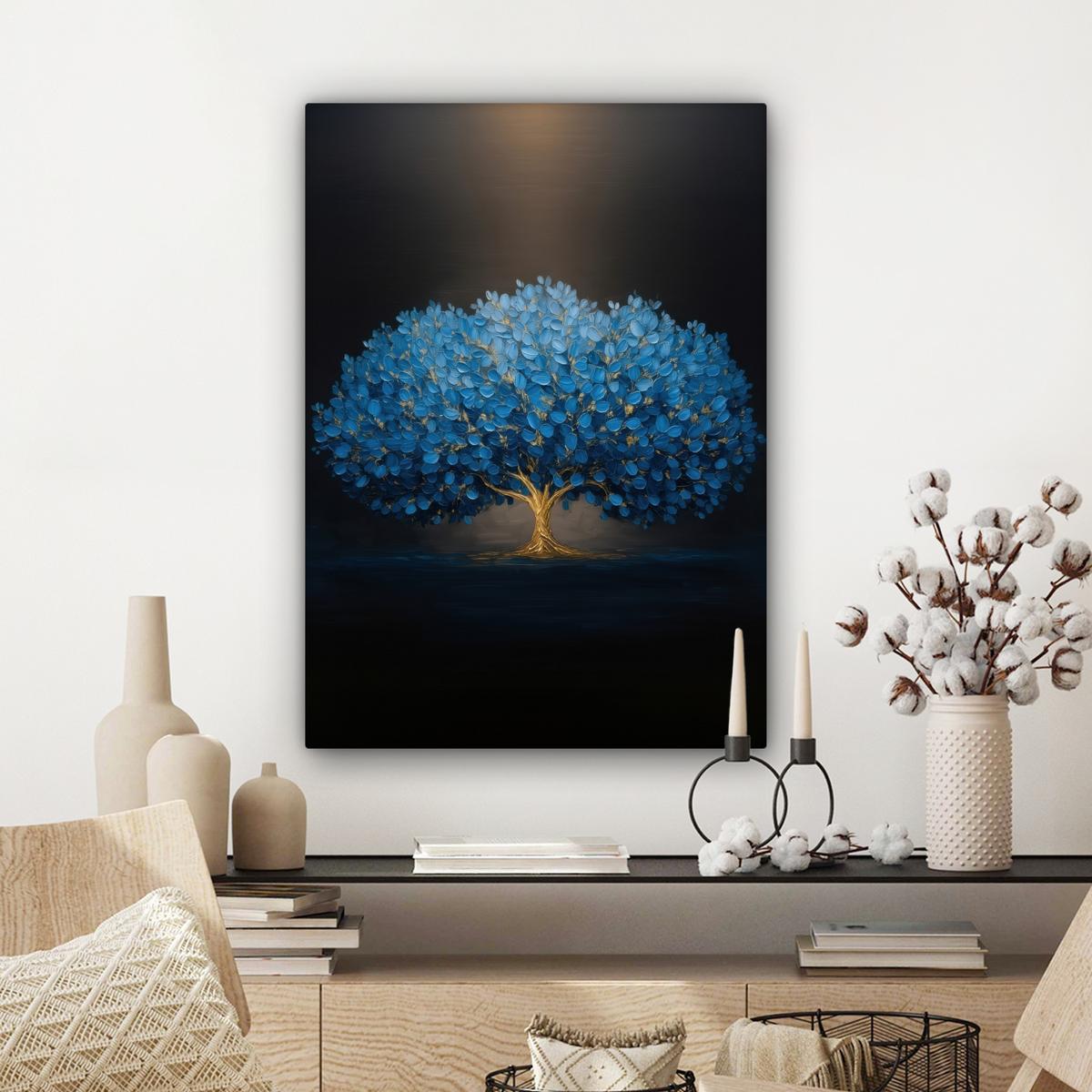 LEINWANDBILD Baum - Blau - Blätter - Pinselstriche Wandbild Wohnzimmer 60x80 cm - Blau, Textil (60/80cm) - MuchoWow