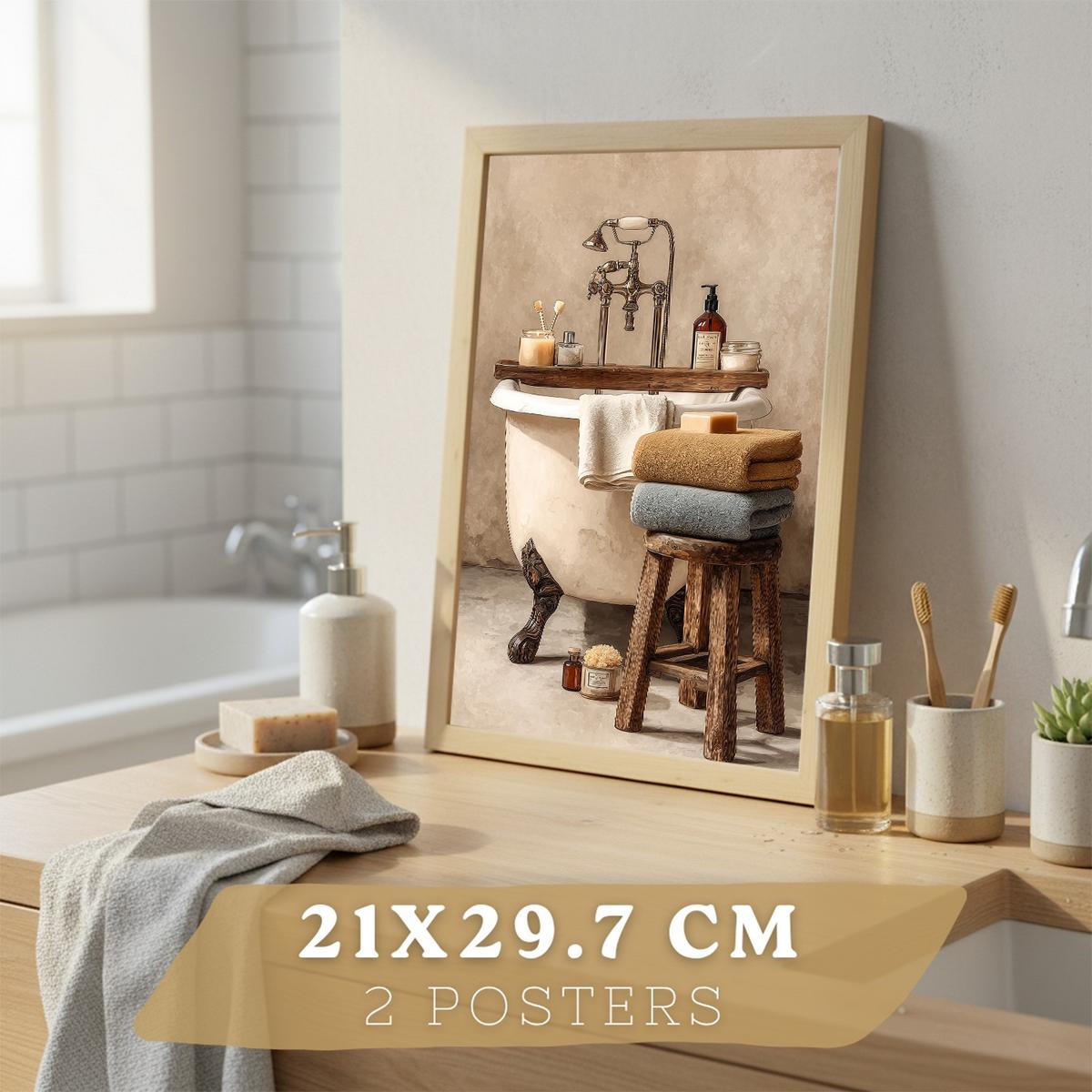 POSTER 2er-Set dekorative Badezimmerdrucke, rustikaler Stil, Vintage-Spa-Bilder mit Handtüchern und Badewanne,, Wohndekoration Leichter Holzrahmen A4 - Beige, Papier (29.7/21/3cm) - Nacnic