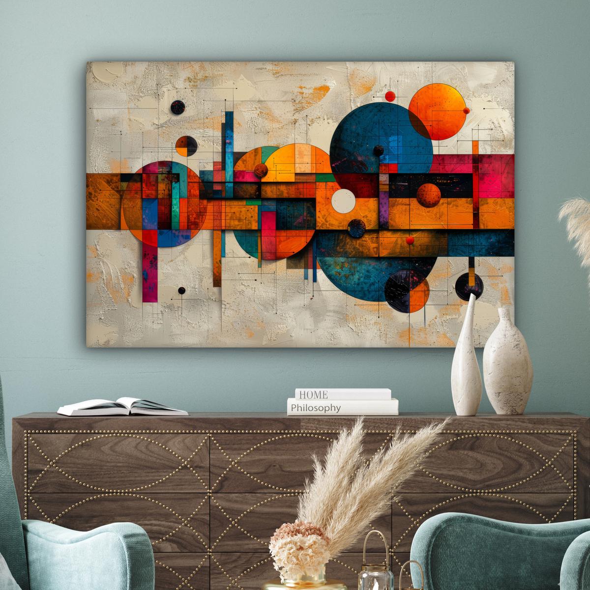 LEINWANDBILD Vintage - Moderne Kunst - Orange - Geometrische Formen XXL 150x100 cm - Multicolor, Textil (150/100cm) - MuchoWow