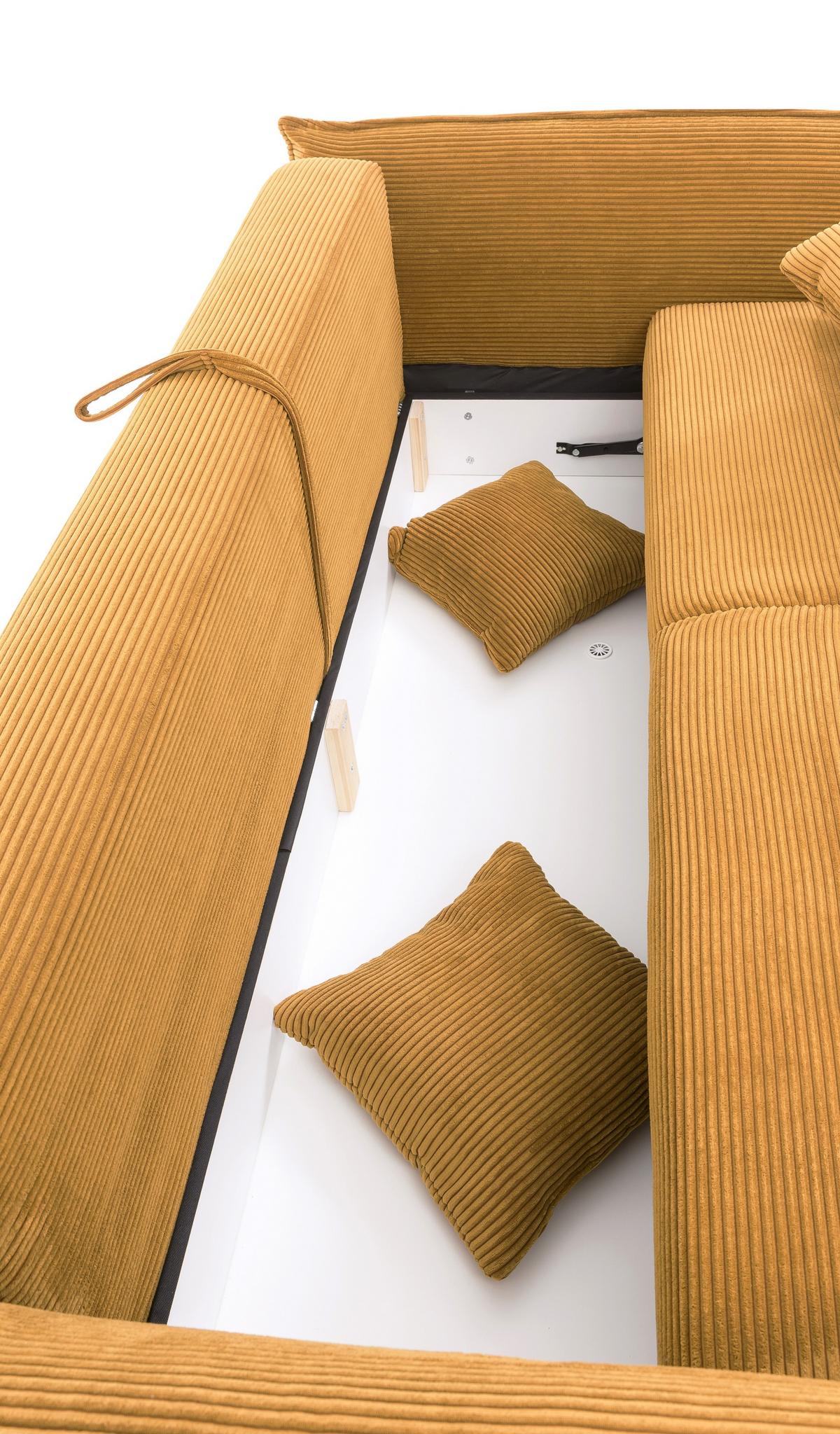BIG-SOFA mit Schlaffunktion, Bettkasten, Federkern, Armlehnen verstellbar B242/T131/H90 cm, Liegefläche 168x199 cm, Cord Gold Ockergelb / 17213 - Chromfarben/Goldfarben, Kunststoff/Textil (242/90/131cm) - luma-home