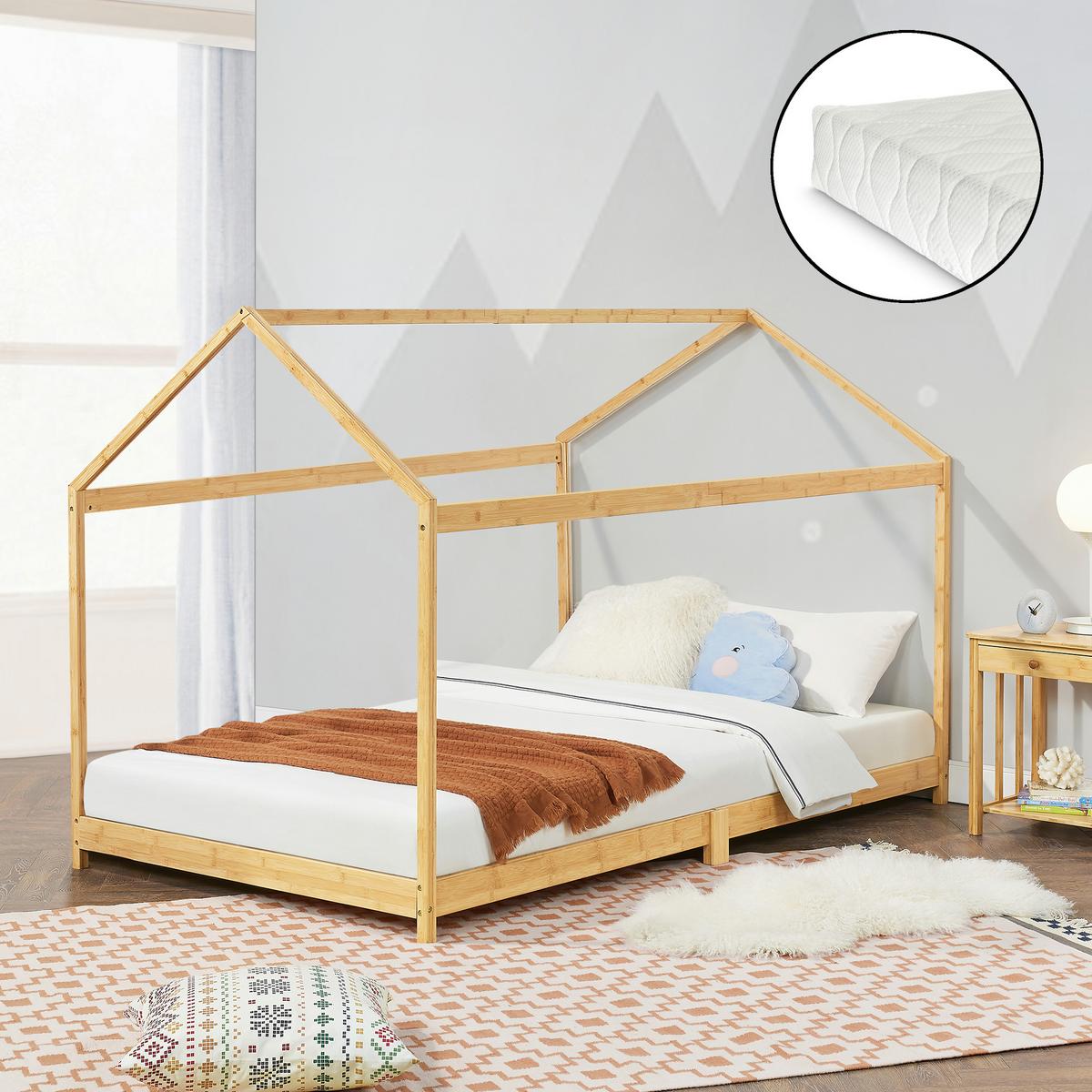 HAUSBETT Vindafjord mit Matratze - Naturfarben, Holz/Textil (90/200cm) - [en.casa]