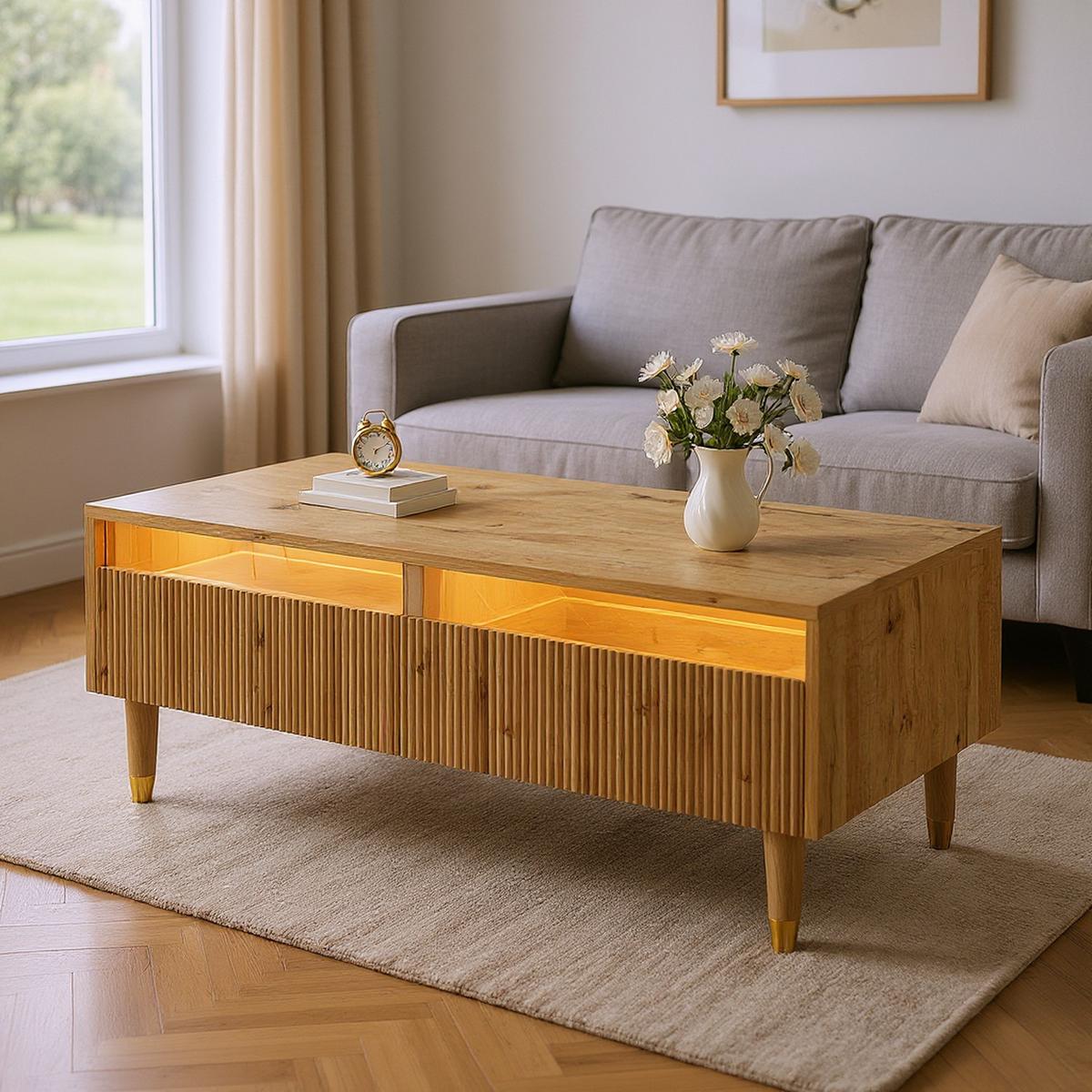 COUCHTISCH mit LED-Beleuchtung Eiche Nachbildung und 2 Schubladen - Schwarz, Holzwerkstoff/Metall (50/110/40cm) - Urban Meuble