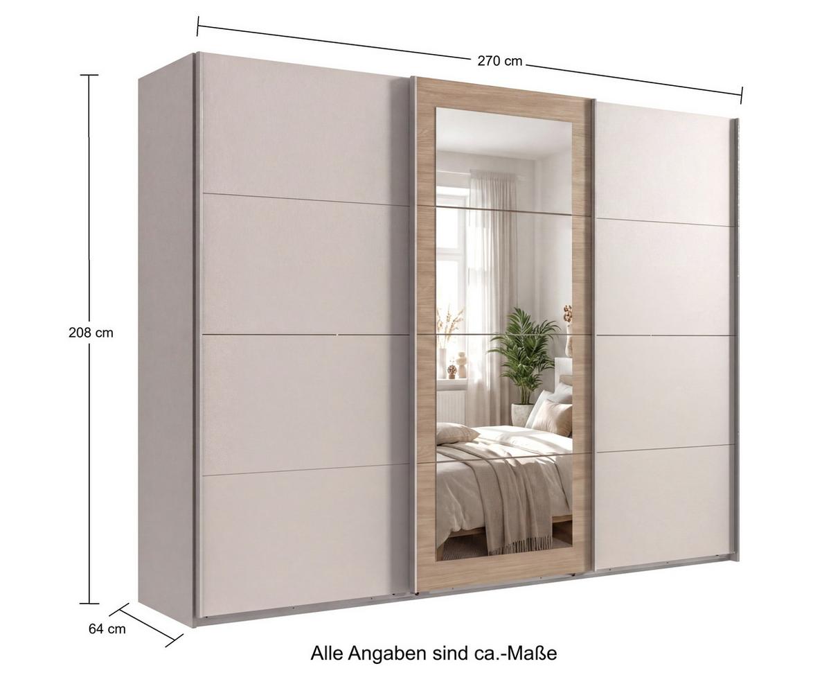 SCHWEBETÜRENSCHRANK 3-türig B270/H208/64 cm Kleiderschrank in Beige Grau, Spiegel umrahmt in Eiche Natur, Griffe Beige Grau / 22628 - Beige/Grau, Holzwerkstoff/Metall (270/208/64cm) - luma-home