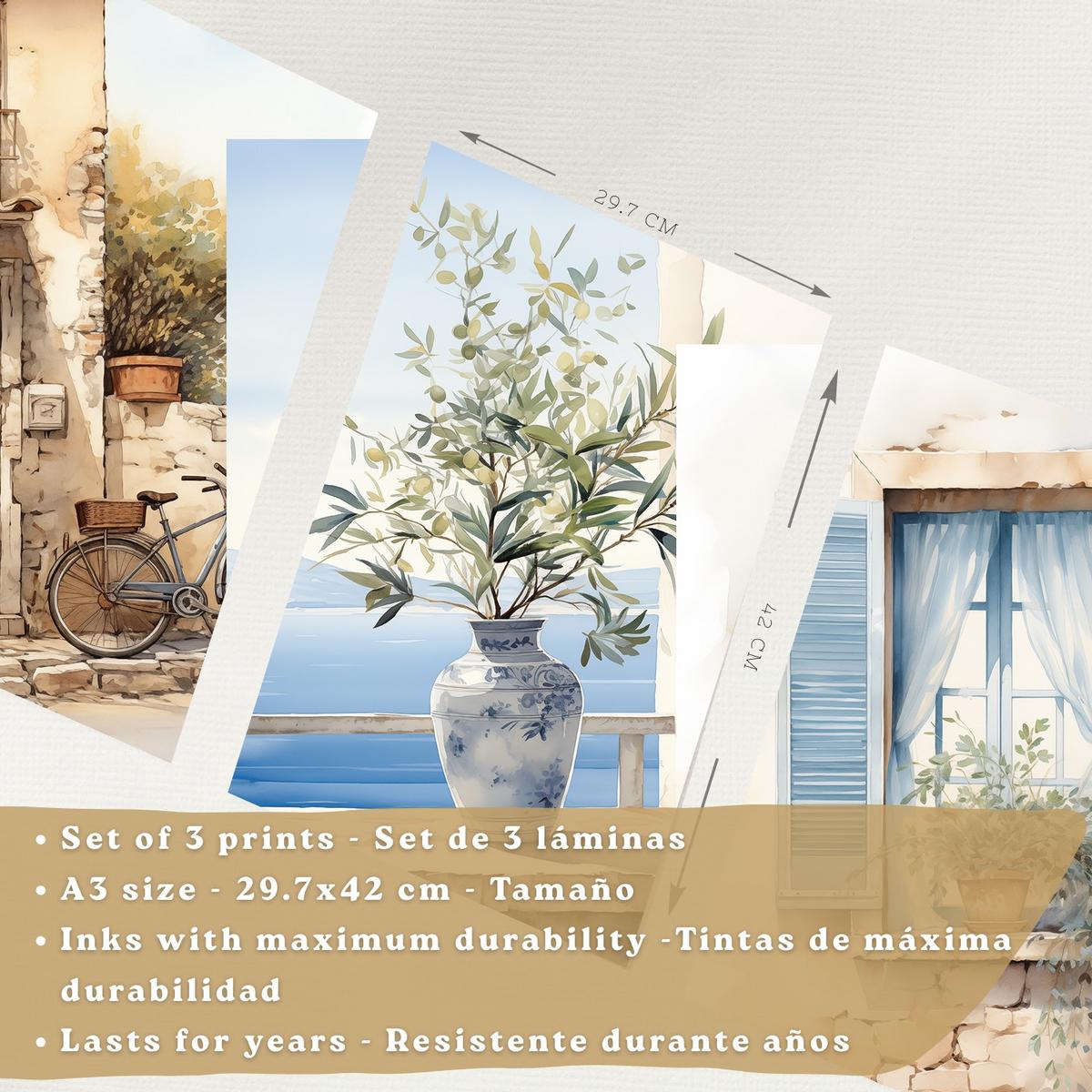 POSTER 3er Bilder-Set Wandbilder Maritim Aquarell Blau modern ohne Rahmen – Wohnzimmer Deko, Schlafzimmer, Küche, Badezimmer Leichter Holzrahmen A3 - Beige, Papier (29.7/1/42cm) - Nacnic
