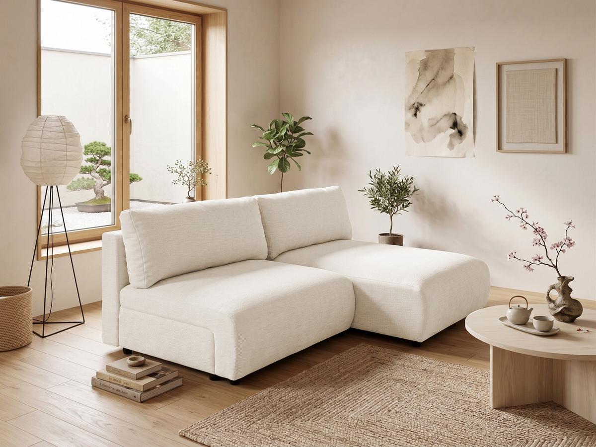 ECKSOFA Sora mit Schlaffunktion, Bettkasten und extra tiefer Komfortzone aus hochwertigem Hellbeige Strukturstoff - Beige/Schwarz, Holz/Kunststoff (200/140cm) - S-Style