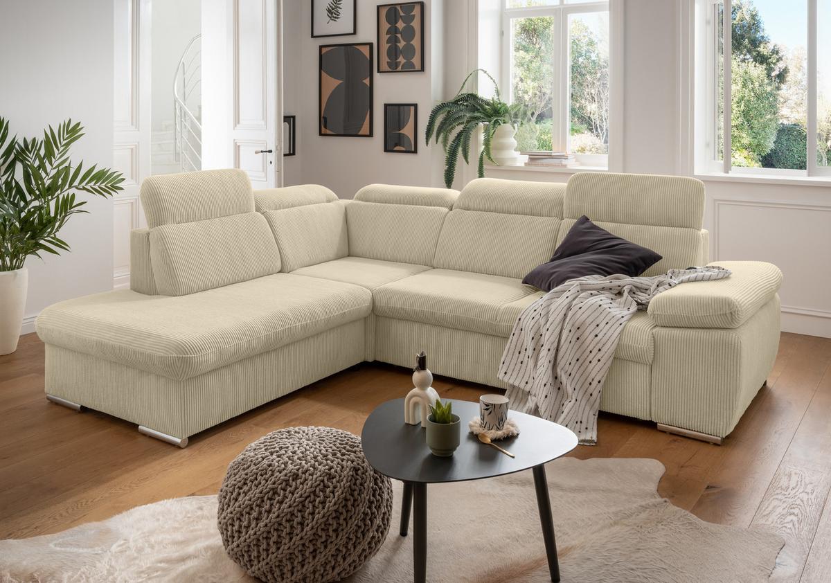 ECKSOFA mit Schlaffunktion, Bettkasten, Kopfstützen verstellbar, Wellenunterfederung, Ottomane links B283/T228/H102 cm, Cord Beige Grau / 17218 - Chromfarben/Greige, Textil/Metall (283/228cm) - luma-home