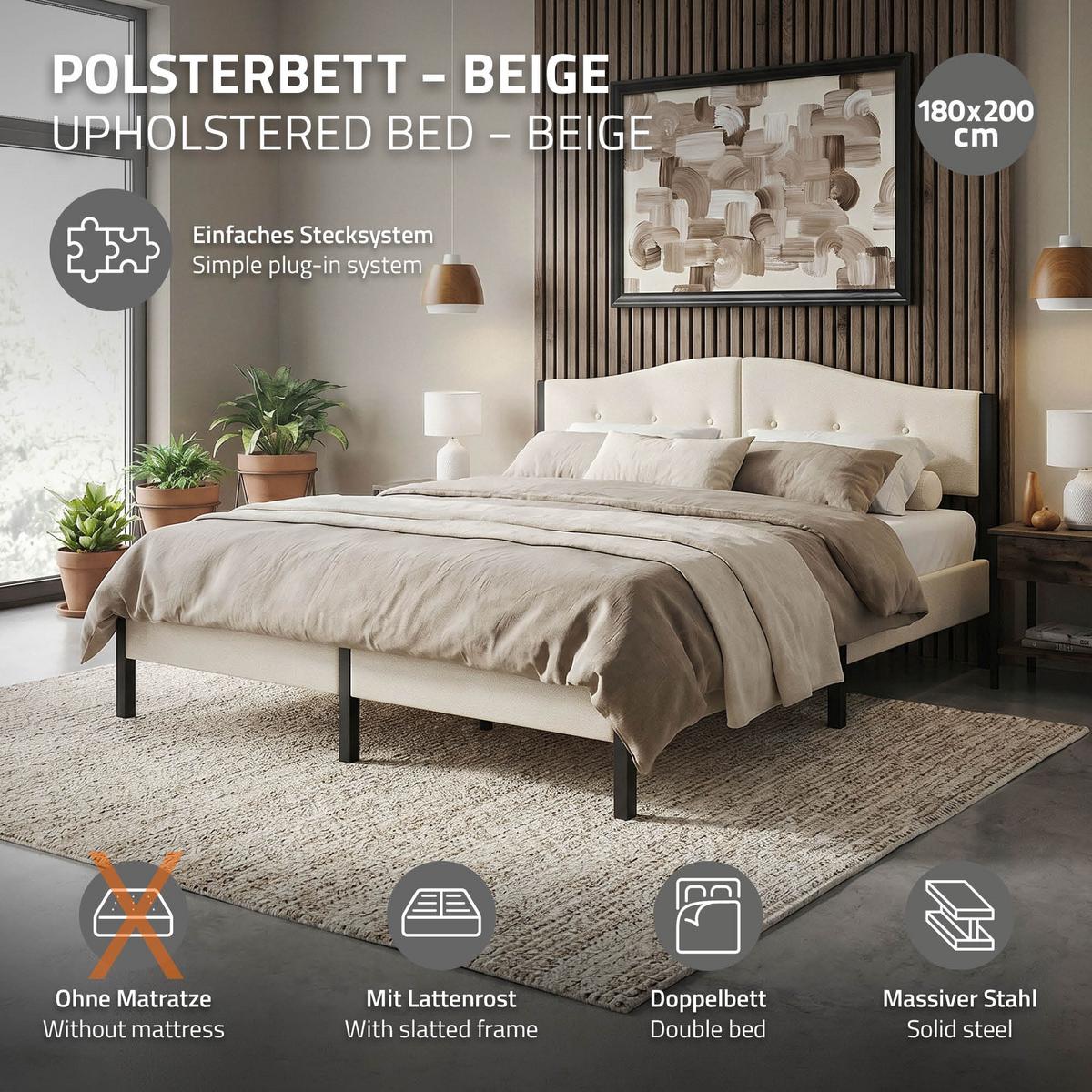 POLSTERBETT 180x200 cm Beige mit Lattenrost und Leinenstoff - Beige, Holzwerkstoff/Textil (180/200cm) - ML-DESIGN