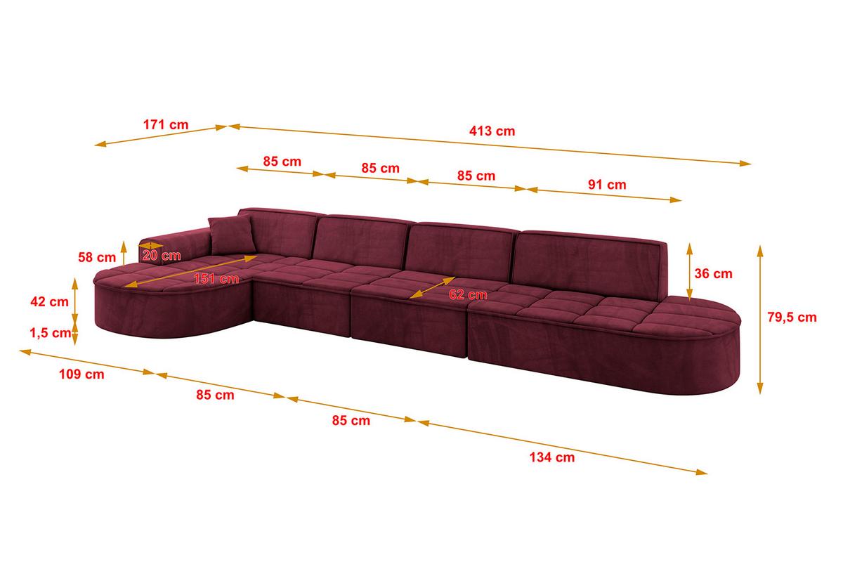 ECKSOFA Ottomane Links TARO-L3 - 413x171x79,5 cm Bordeauxrot - Bordeaux, Holzwerkstoff/Textil (413/171cm) - ALTDECOR