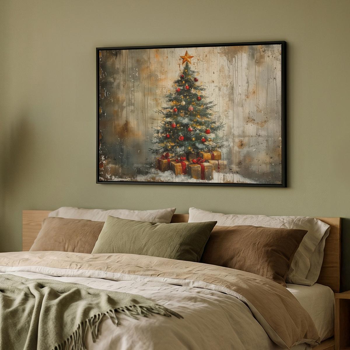 LEINWAND Bilder mit Rahmen - Weihnachtsbaum - Vintage - Weihnachten - Geschenk - 100x70 - Rostfarben, Textil (100/70cm) - MuchoWow