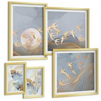 BILDER SET 5er Set - 50x50 cm & 20x30 cm & 40x60 cm Goldrahmen - Blaubeige Blätter im Hintergrund - Goldfarben, Kunststoff (40/60cm) - TULUP