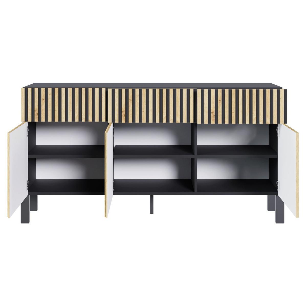 SIDEBOARD Telire 3-türig Schwarz / Artisan Eiche-Optik, 154 cm - Eichefarben/Schwarz, Holzwerkstoff/Metall (154/80.4/34cm) - Selsey