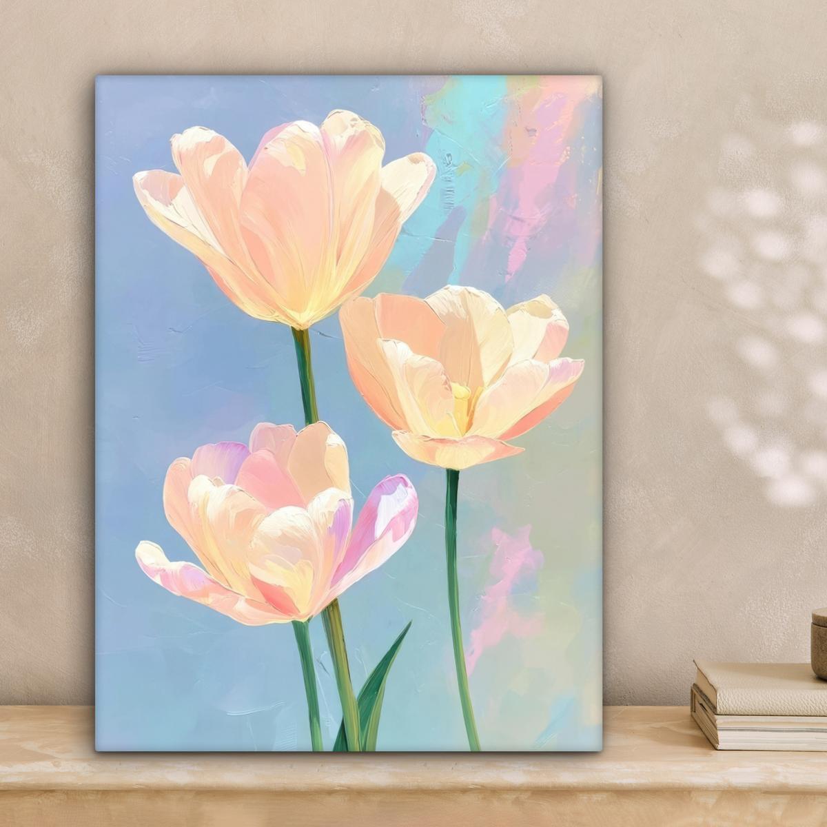 LEINWANDBILD Tulpen - Rosa Akzente - Blau Room Decor 30x40 cm - Pastellblau, Textil (30/40cm) - MuchoWow