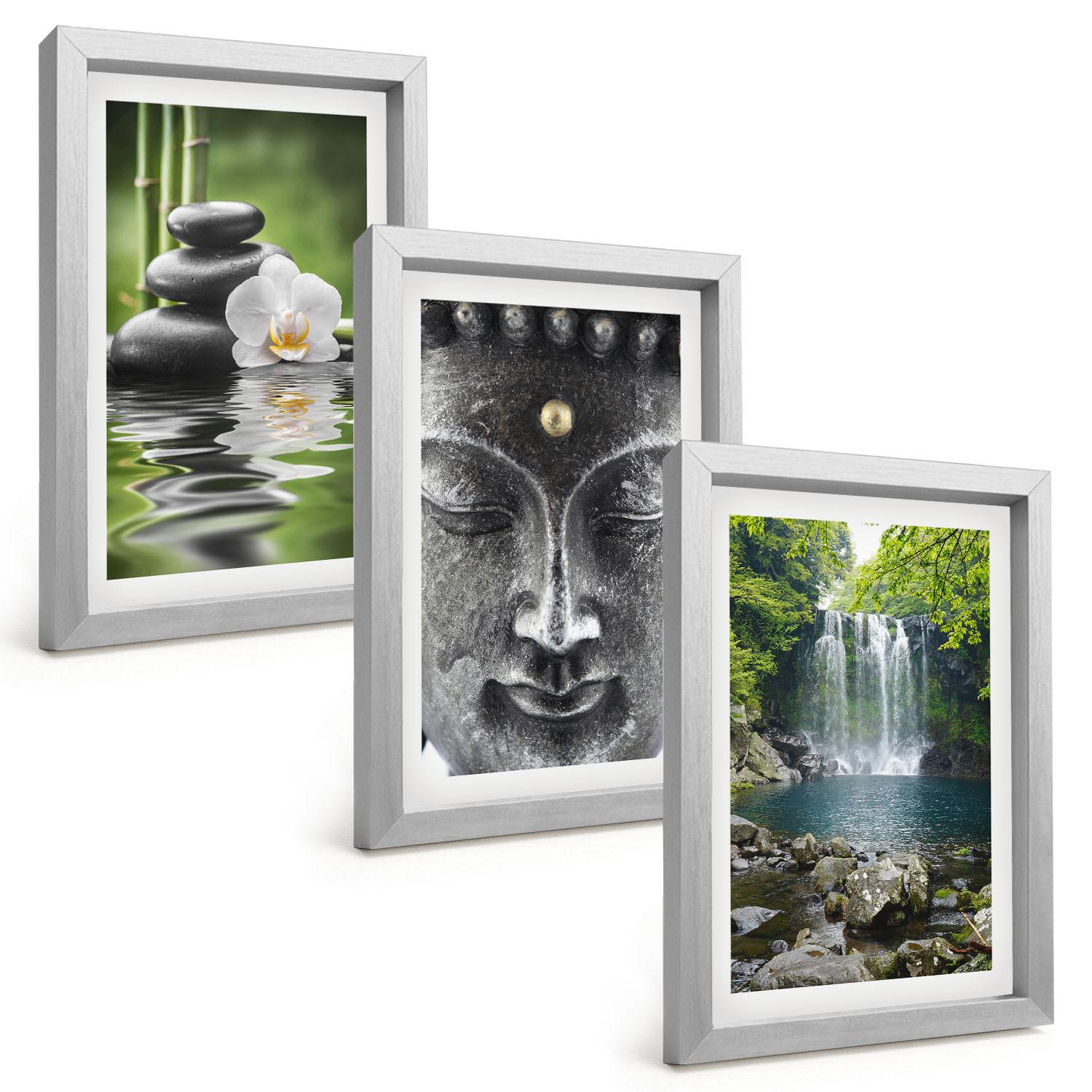 BILDER SET 3er Set - 20x30 cm Silberner Rahmen - Harmoniesteine Wasser Buddha - Silberfarben, Kunststoff (20/30cm) - TULUP