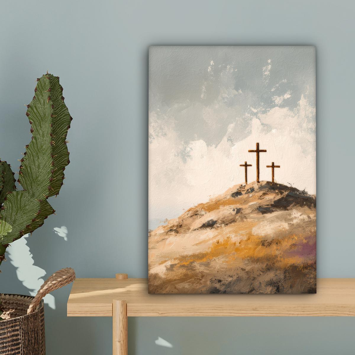 LEINWANDBILD Hügel - Abstrakt - Christentum - Kreuz Deko Wohnzimmer 20x30 cm - Hellgrau, Textil (20/30cm) - MuchoWow