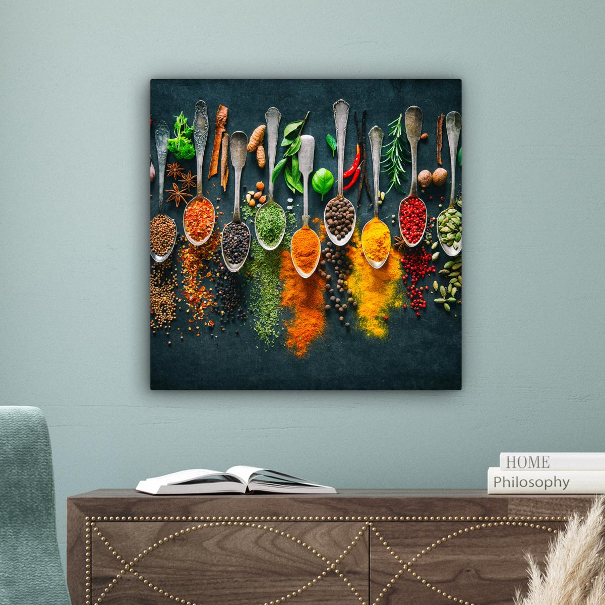 LEINWANDBILD Kräuter - Gewürze - Löffel Wandbild Wohnzimmer 50x50 cm - Currygelb, Textil (50/50cm) - MuchoWow
