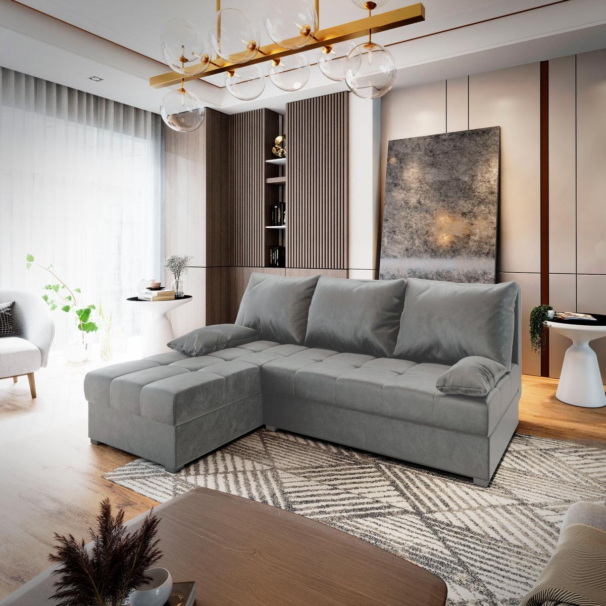 ECKSOFA RITA Hellgrau Plüsch-Stoff mit Schlaffunktion - Hellgrau/Grau, Holz/Kunststoff (200/141cm) - MASSENO