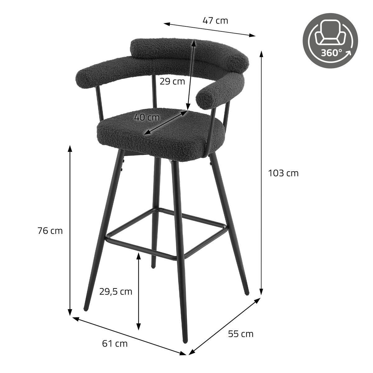 BARHOCKER 2er Set drehbar Dunkelgrau mit Teddy-Stoff 76 cm hoch - Dunkelgrau/Schwarz, Textil/Metall (61/103/55cm) - ML-DESIGN