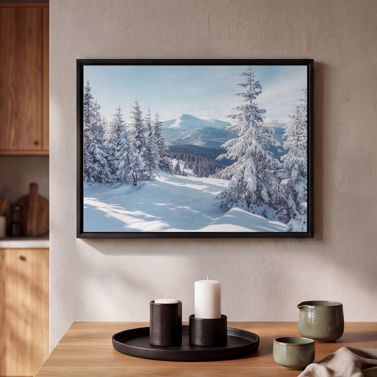 LEINWAND Bilder mit Rahmen - Winterlandschaft - Natur - Berge - Bäume - Schnee - 40x30 - Hellblau, Textil (40/30cm) - MuchoWow