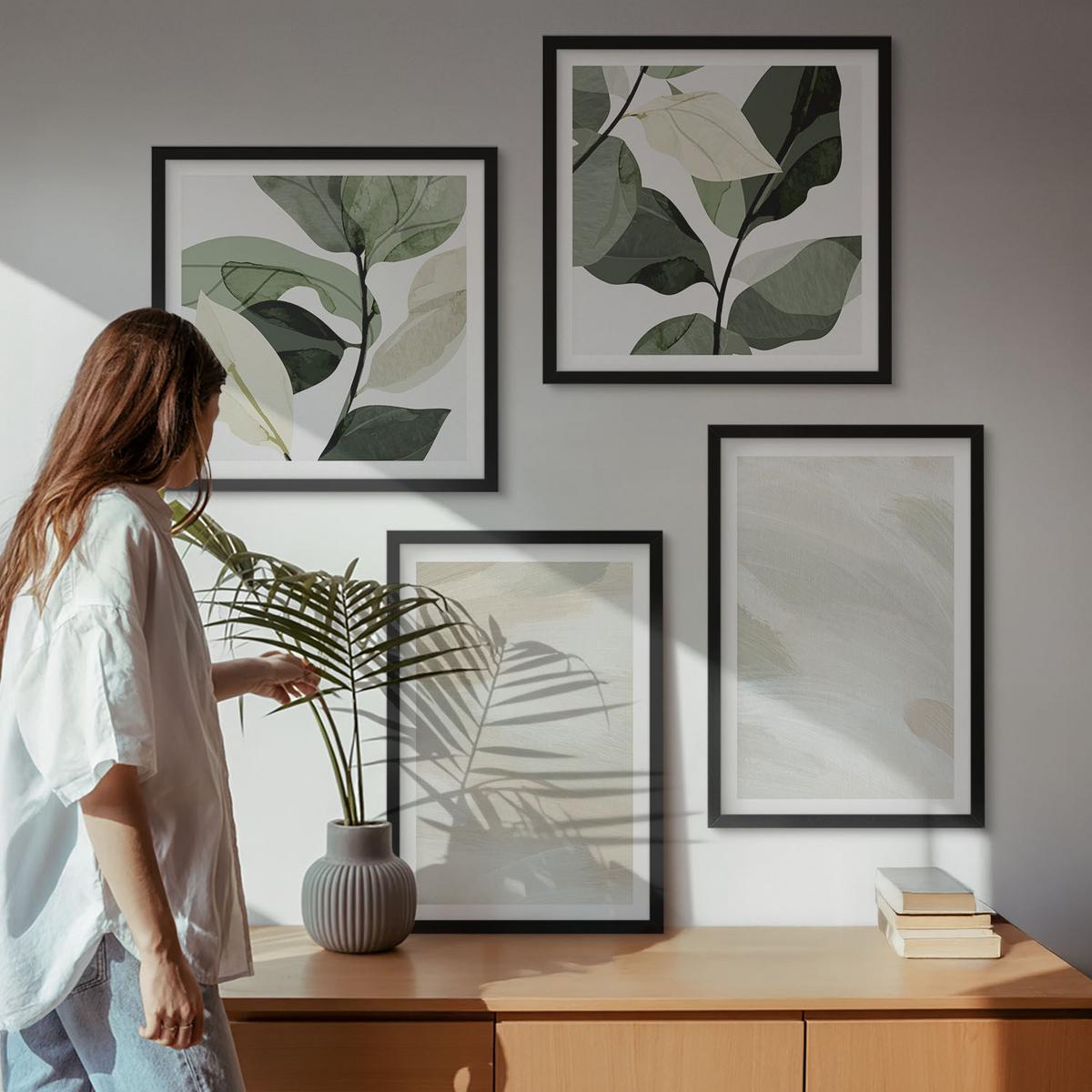 BILDER SET 4er Set - 50x50 cm & 40x60 cm Schwarzer Rahmen - Leuchtende, abstrakte Boho-Farben - Schwarz, Kunststoff (50/50cm) - TULUP