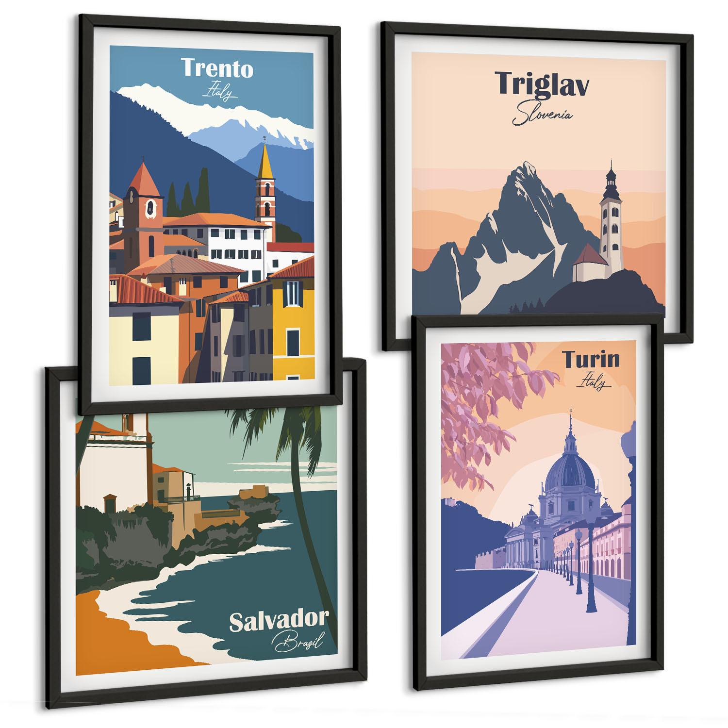 BILDER SET 4er Set - 50x50 cm & 40x60 cm Schwarzer Rahmen - Illustrationen zur Retro-Architektur der Berge - Schwarz, Kunststoff (50/50cm) - TULUP