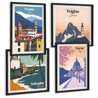 BILDER SET 4er Set - 50x50 cm & 40x60 cm Schwarzer Rahmen - Illustrationen zur Retro-Architektur der Berge - Schwarz, Kunststoff (50/50cm) - TULUP