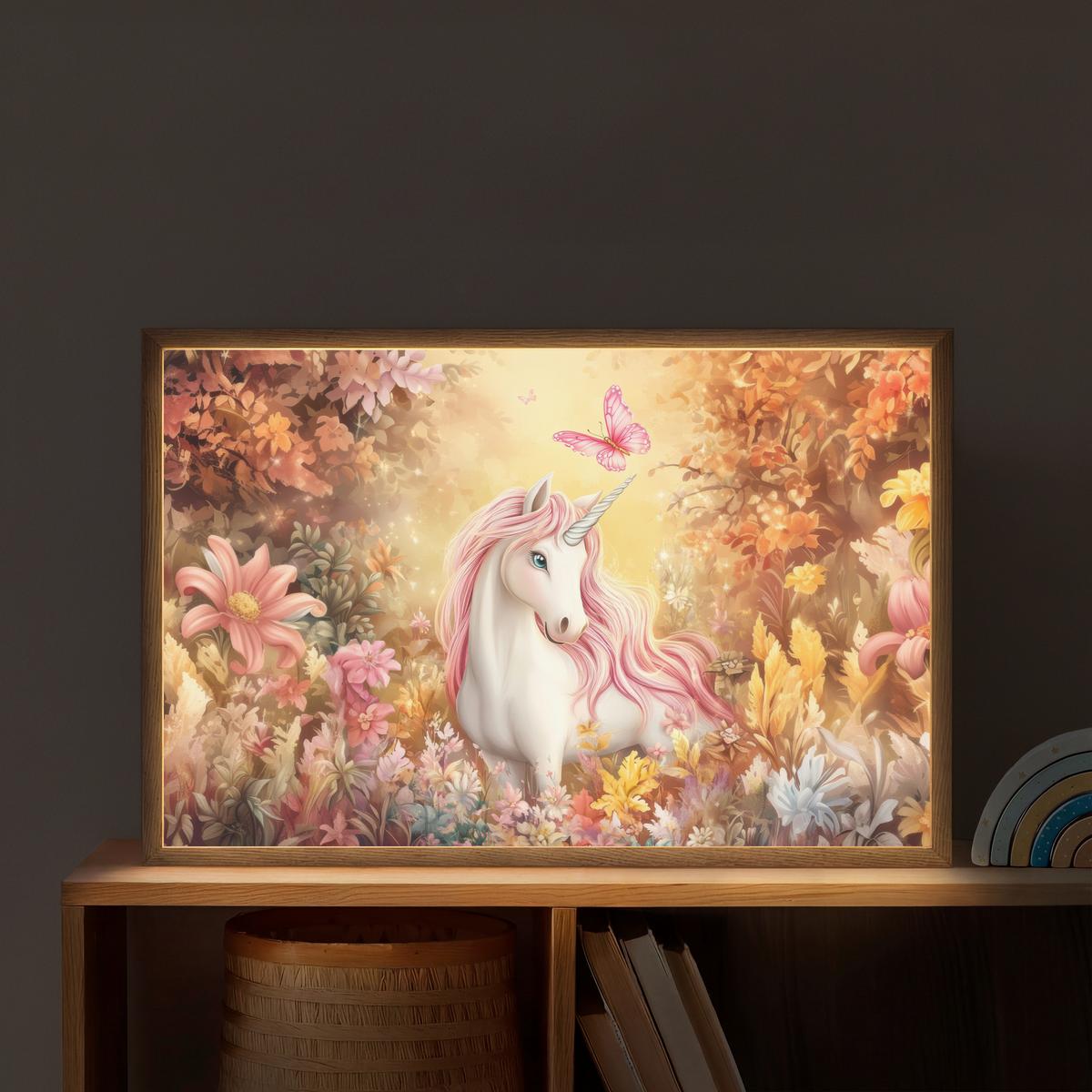 WANDLEUCHTE MIT AKKU Einhorn - Blumen - Schmetterling - Rosa 60x40 cm - Beige, Holzwerkstoff (60/40/8cm) - OnlyWow