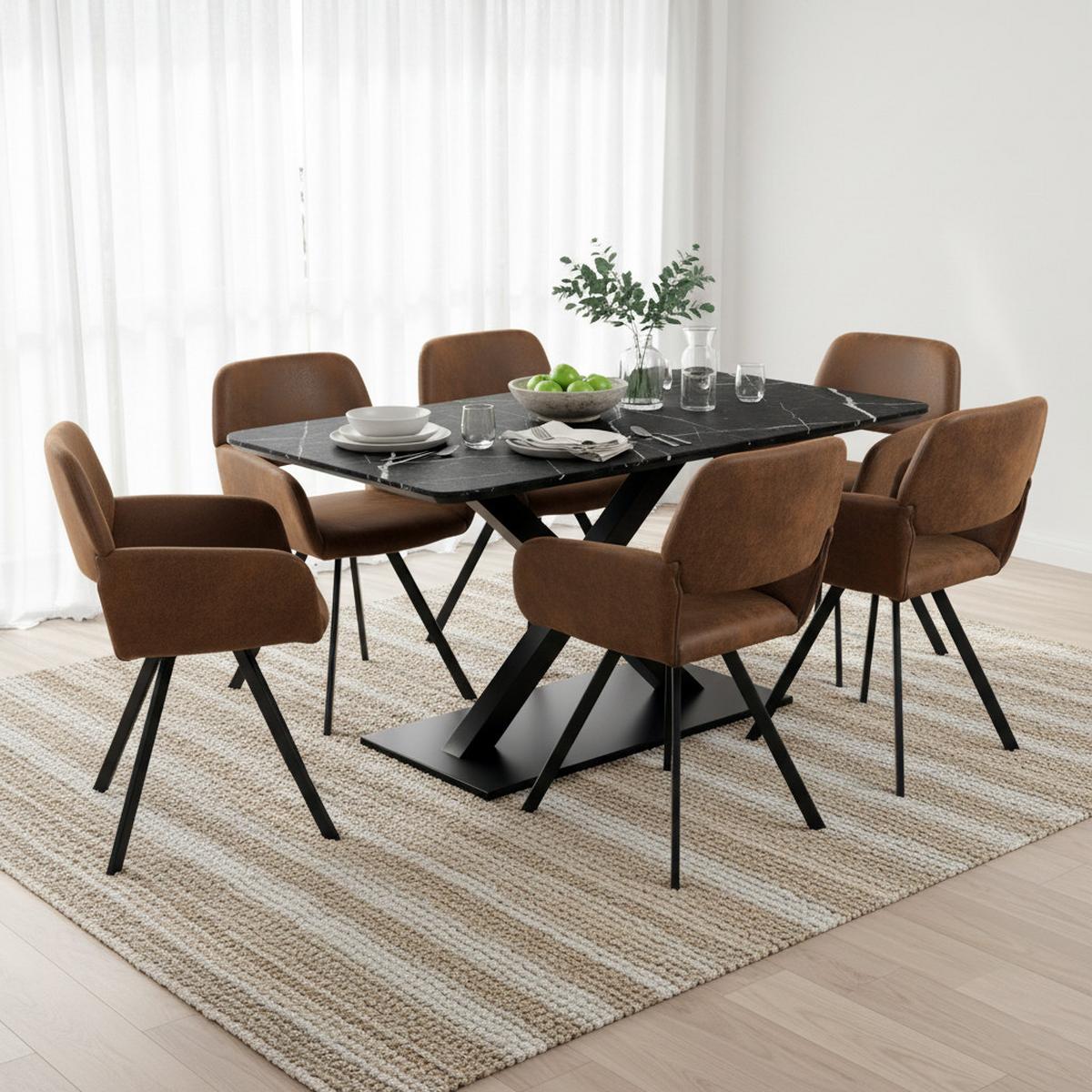 TISCHGRUPPE 7-teilig Ausziehtisch Schwarz Marmoroptik & 6x 360° Drehstühle in Vintage Braun - Schwarz, Holzwerkstoff/Textil (160/75/80cm) - Urban Meuble