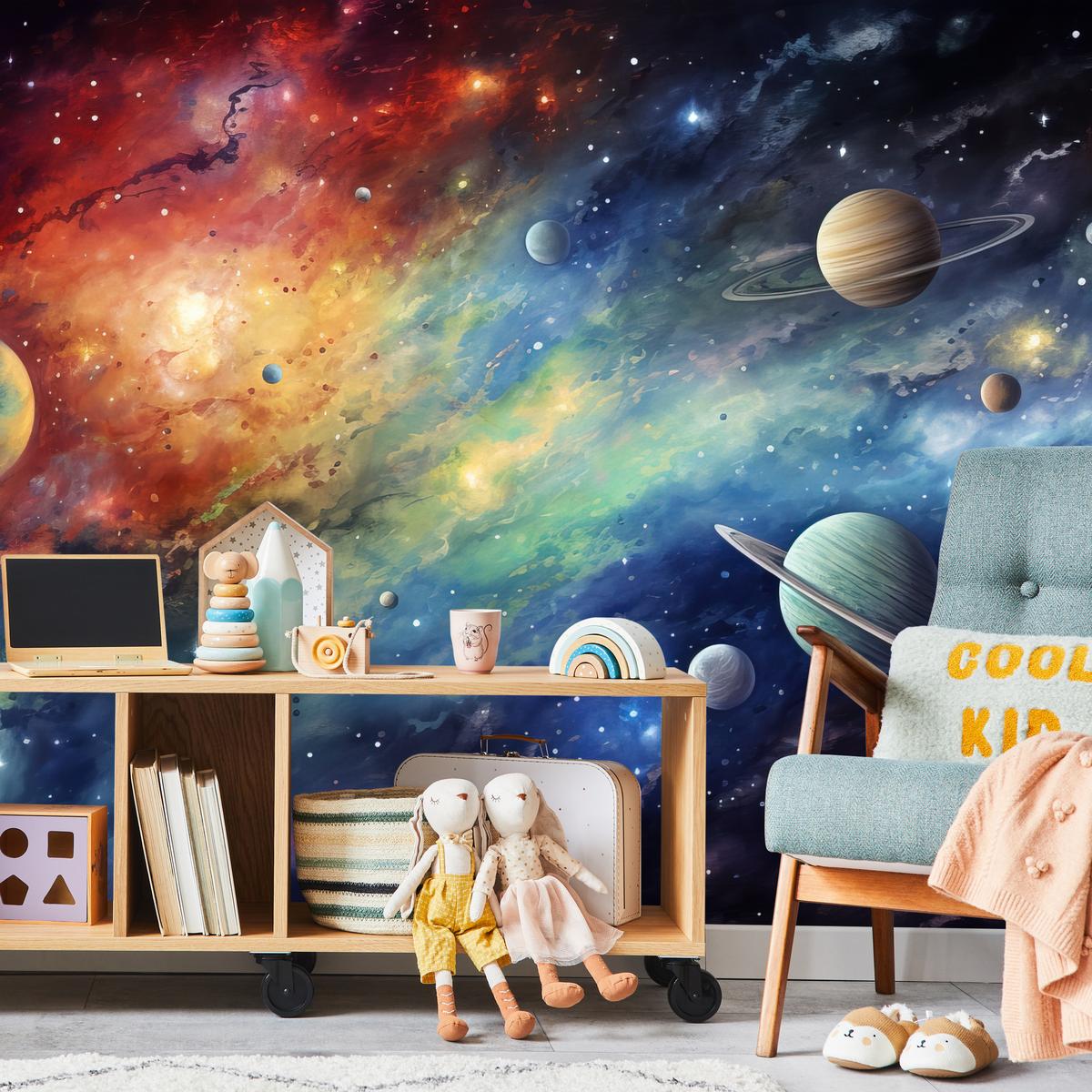 FOTOTAPETE für Jugendzimmer Aquarell Galaxie Planeten Sterne 350x256 - Blau/Gelb, Papier (350/256cm) - Muralo