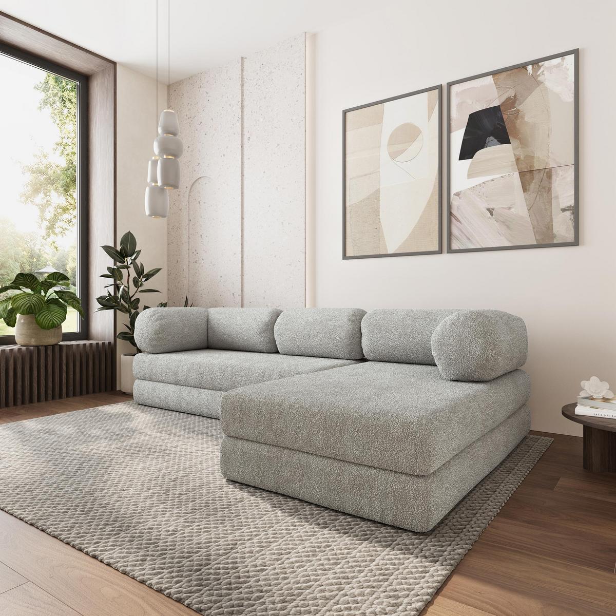 ECKSOFA KELI modulares Boneless Sofa mit Schlaffunktion Hellgrau Boucle-Stoff - Hellgrau, Textil (270/160cm) - MASSENO