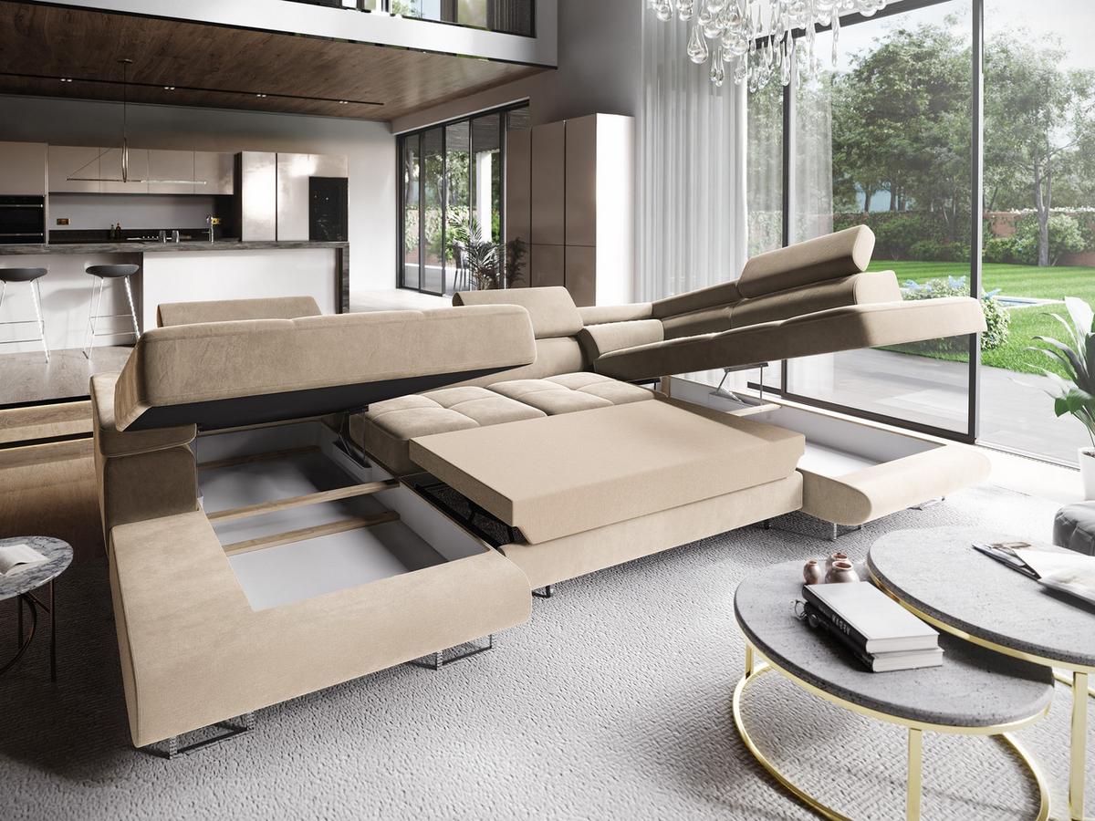 WOHNLANDSCHAFT CASONE R-S Creme Velours-Stoff mit Schlaffunktion - Silberfarben/Creme, Holz/Textil (345/90/202cm) - MASSENO