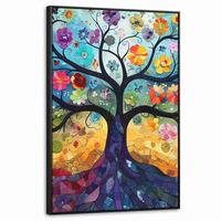LEINWAND Bilder mit Rahmen - Kunst - Baum des Lebens - Blumen - Hippie - 60x90 - Dunkelblau, Textil (60/90cm) - MuchoWow