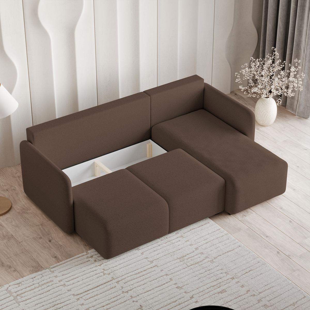 ECKSOFA SUVINO Braun Boucle-Stoff mit Schlaffunktion - Braun, Holz (230/143cm) - MASSENO