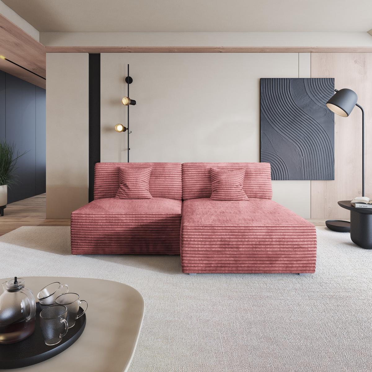 ECKSOFA FIORO Rosa Kordstoff mit Schlaffunktion - Rosa, Holz (204/148cm) - MASSENO