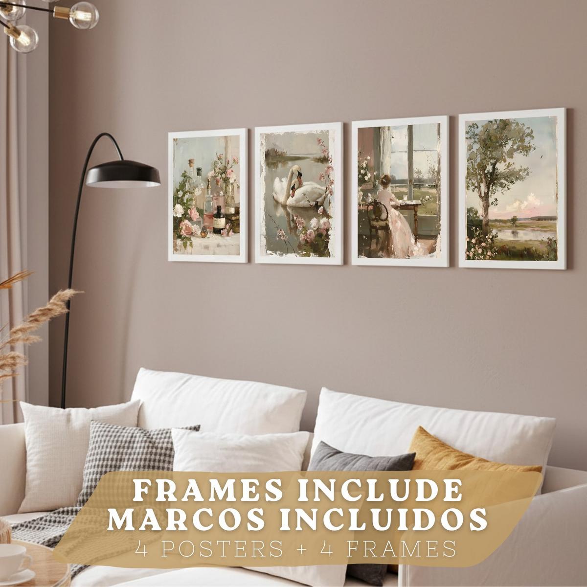 POSTER 4er Bilder-Set Wandbilder Rosen Ölmalerei modern Wohnzimmer Deko, Schlafzimmer, Küche, Badezimmer Weißer Rahmen A4 - Weiß, Papier (29.7/1/21cm) - Nacnic