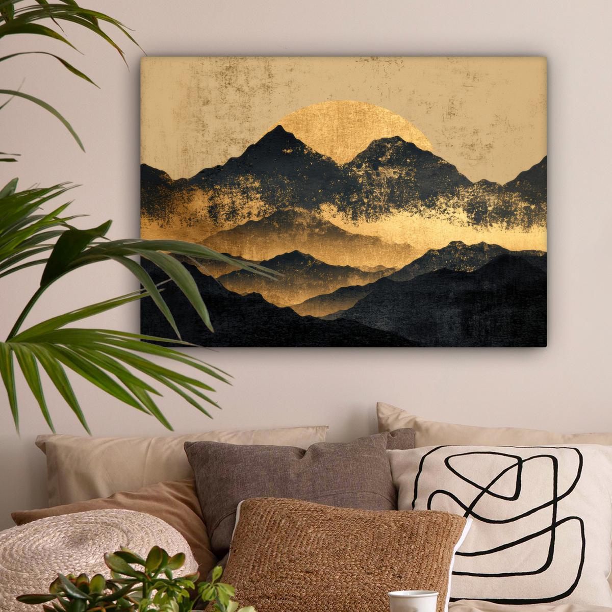 LEINWANDBILD Goldene Berge bei Mondschein Wandbilder 80x60 cm - Goldfarben, Textil (80/60cm) - MuchoWow