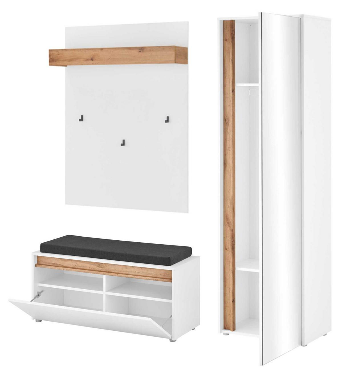 GARDEROBEN-SET 4-teilig weiß, Eiche Wotan 170 cm, viel Stauraum - Eiche Wotan/Silberfarben, Glas/Holzwerkstoff (170/200/40cm) - Furn.Design