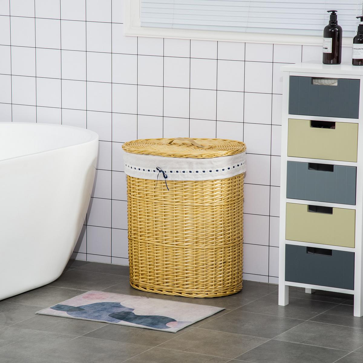 WÄSCHEKORB, Weidenrute, Naturholz - Naturfarben, Holz (38/57/51cm) - HOMCOM