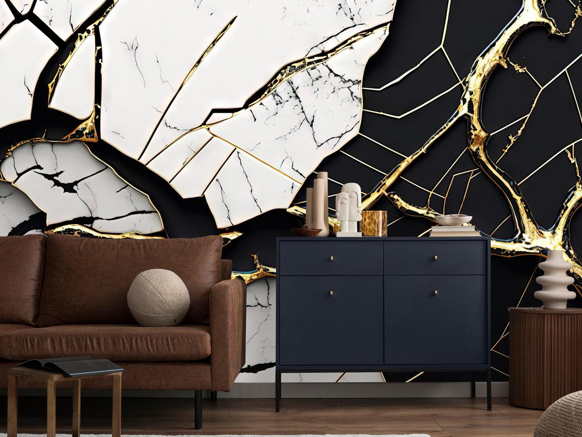 FOTOTAPETER für Badezimmer Abstrakter Marmor Goldene Verzierung 350x256 - Schwarz/Weiß, Papier (350/256cm) - Muralo