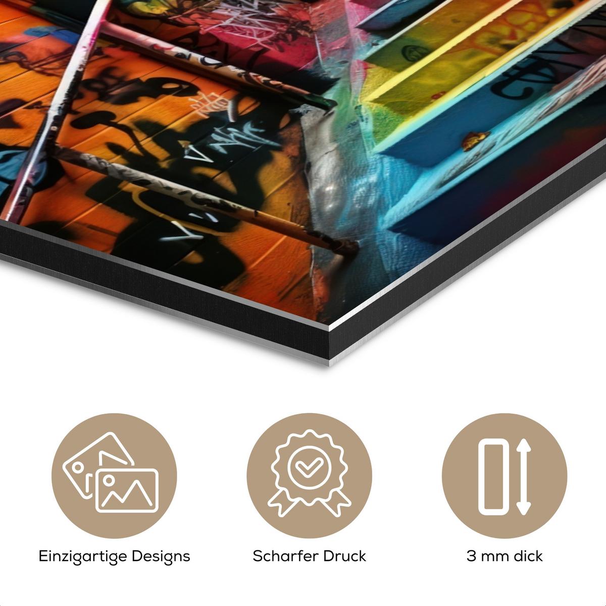 METALLBILD Treppe - Graffiti - Farben - Kunst 80x40 cm - Multicolor, Metall (80/40cm) - MuchoWow