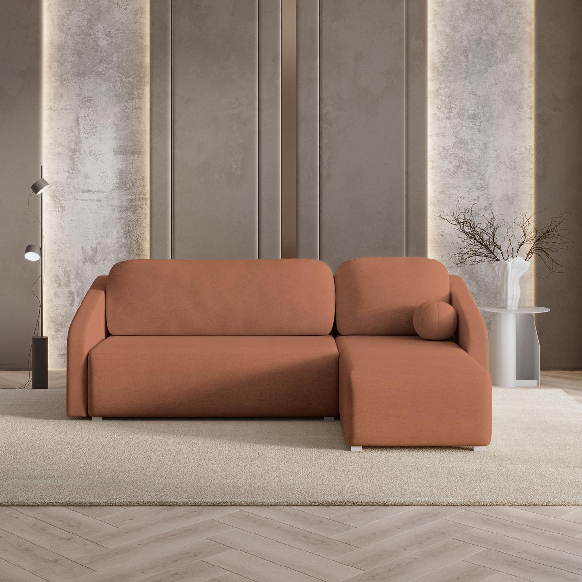 ECKSOFA MARELLO Kupferfarben Geflochtener Stoff mit Schlaffunktion - Kupferfarben, Holz (220/143cm) - MASSENO