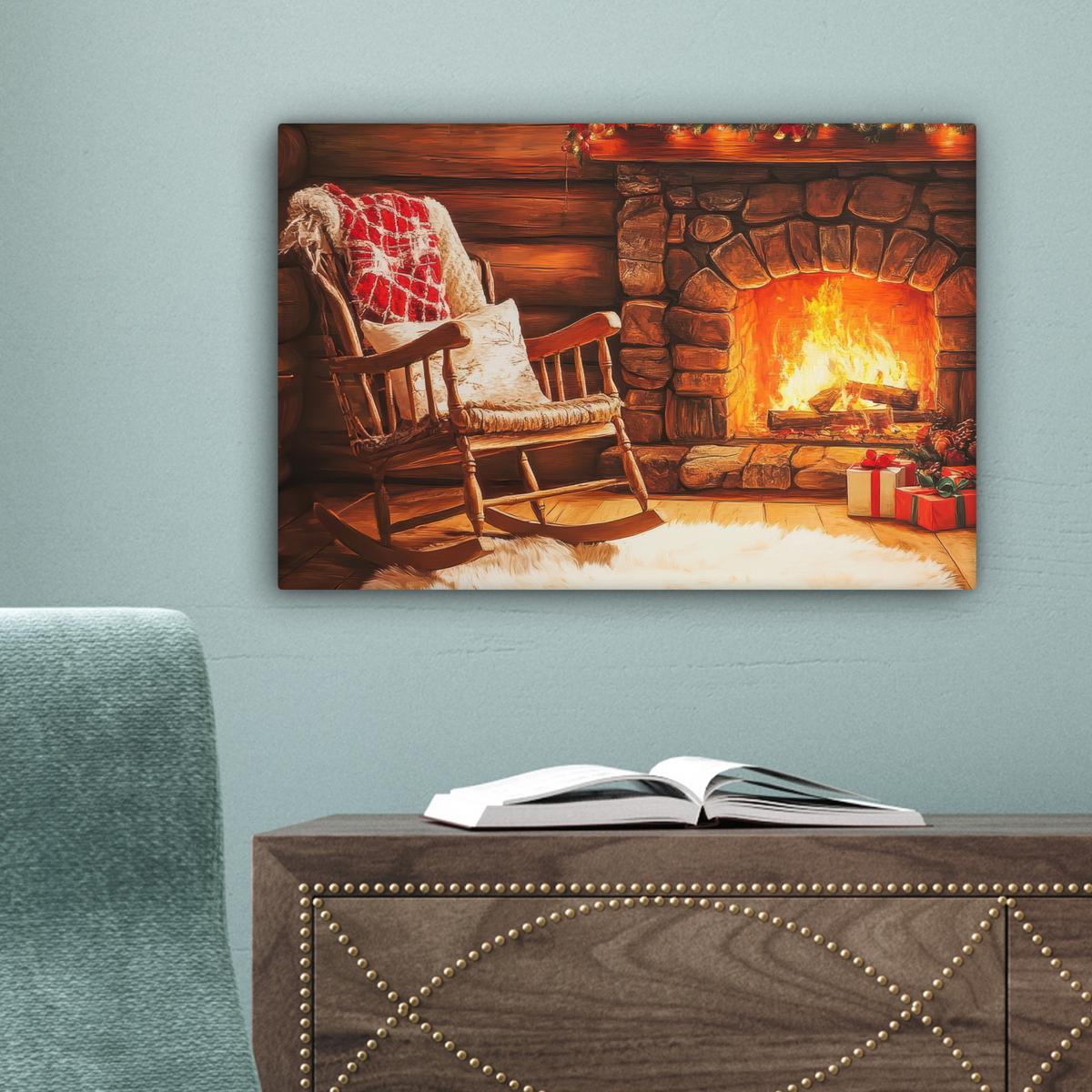 LEINWANDBILD Winter - Weihnachten - Zuhause - Kamin Deko Schlafzimmer 30x20 cm - Bernsteinfarben, Textil (30/20cm) - MuchoWow