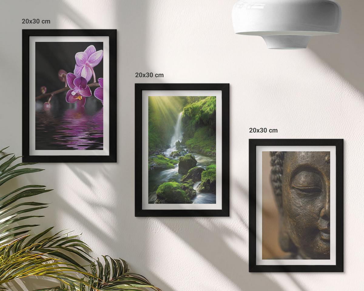 BILDER SET 3er Set - 20x30 cm Schwarzer Rahmen - Blumen, Wasserfall, Buddha-Felsen, Zen - Schwarz, Kunststoff (20/30cm) - TULUP