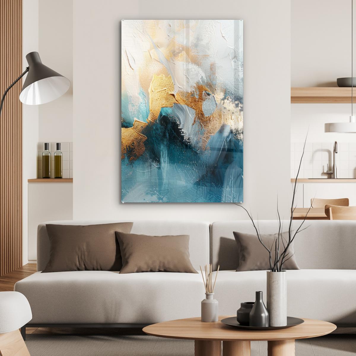 ACRYLGLASBILD Abstrakt - Kunst - Gold - Blau 80x120 cm - Petrol, Glas (80/120cm) - MuchoWow