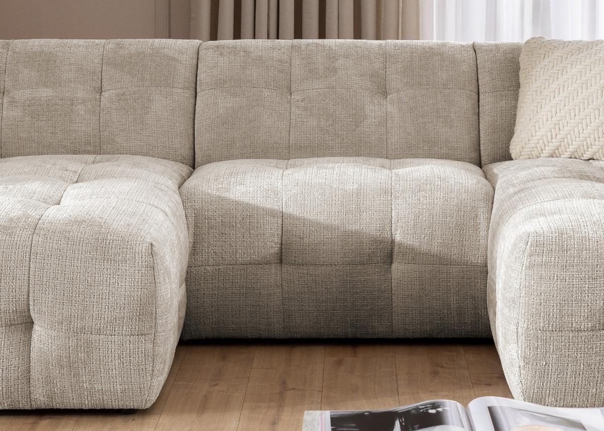 WOHNLANDSCHAFT in U-Form mit raffinierten Steppungen, 6-Sitzer, Wellenunterfederung, B323/T161/H79 cm, Chenille-Bezug in Sandgrau / 21048 - Sandfarben/Greige, Kunststoff/Textil (323/79/161cm) - luma-home