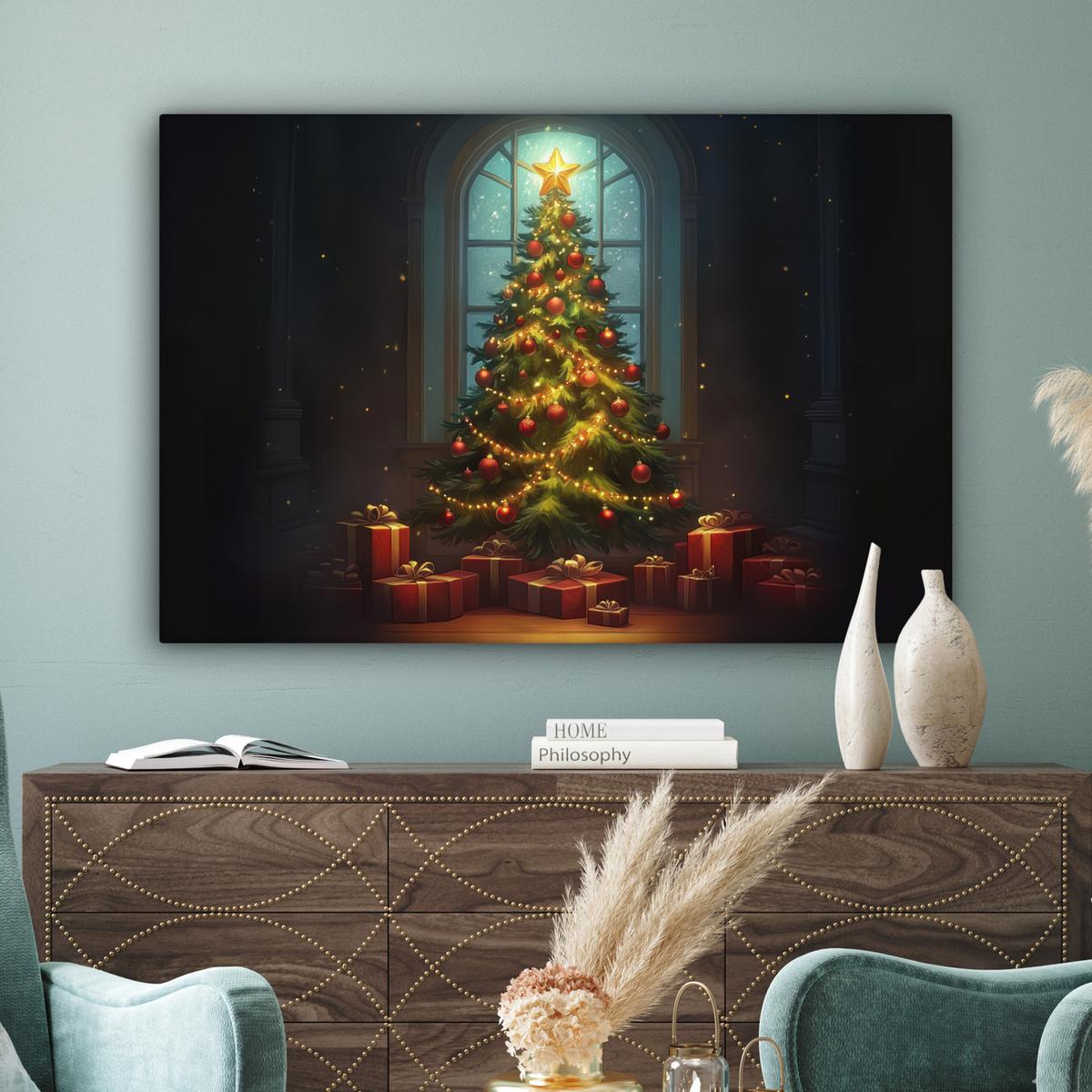 LEINWANDBILD Weihnachtsbaum - Geschenk - Winter Groß 140x90 cm - Grün, Textil (140/90cm) - MuchoWow